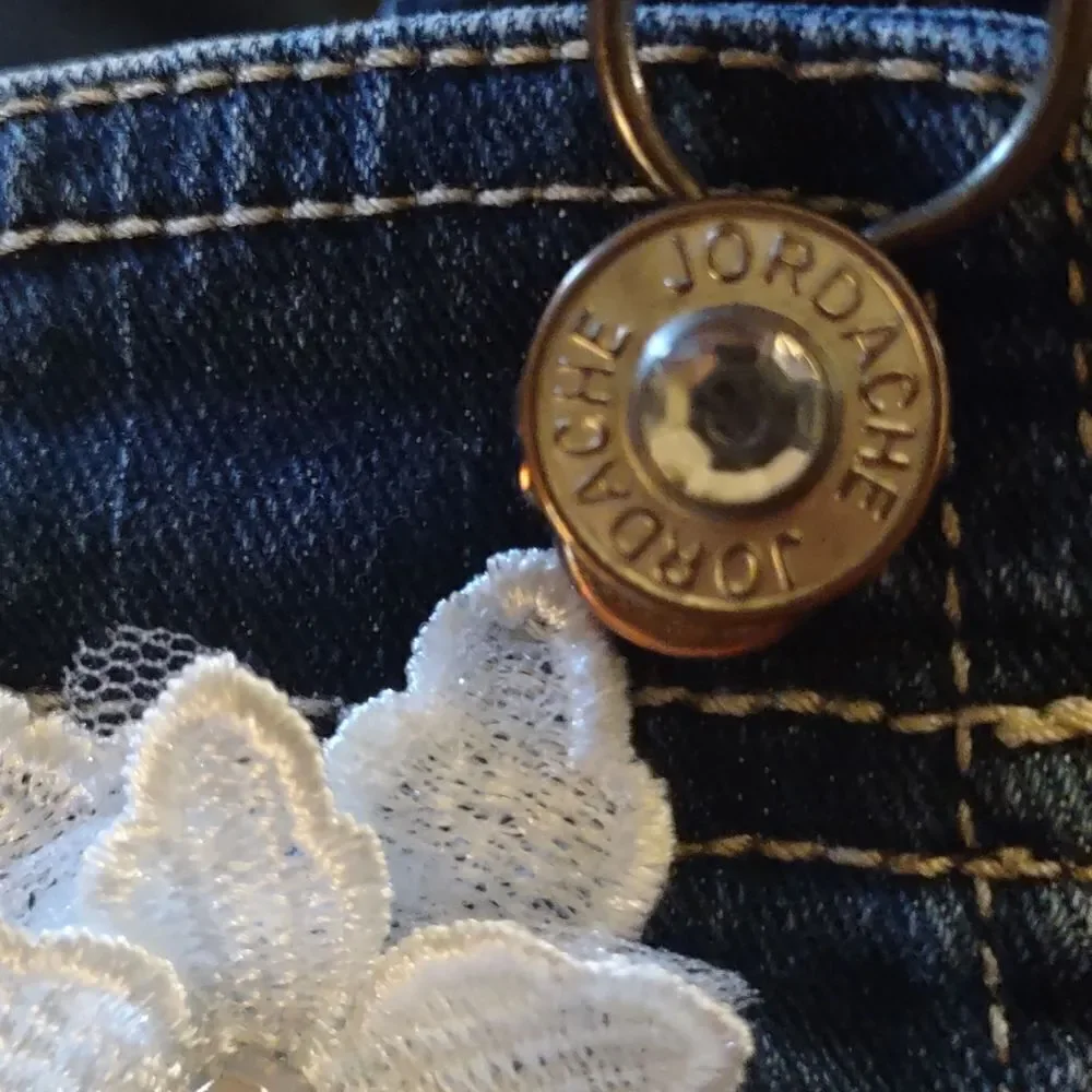 Jordache Girls Size 4-5 denim‎ adjustable overalls shorts lace floral applique